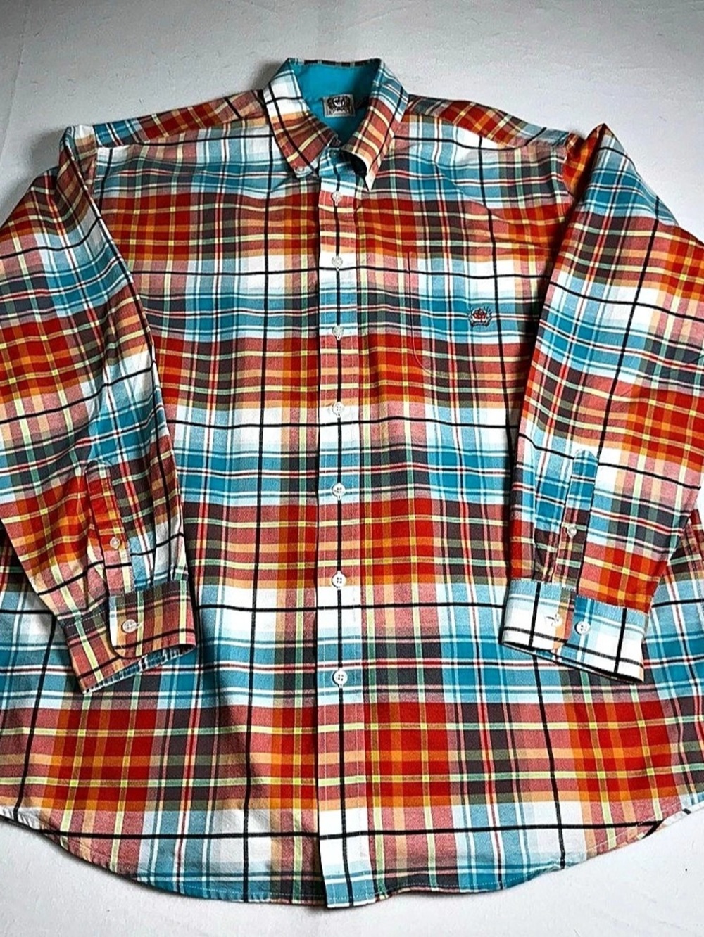 Cinch Plaid Button Down in Coral & Turquoise Large
